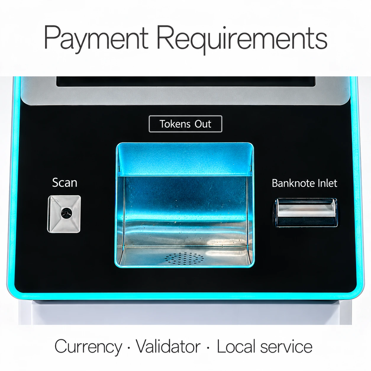Close view of the token kiosk front interfaces and perforated metal bay, beside currency, validator and local service requirements.