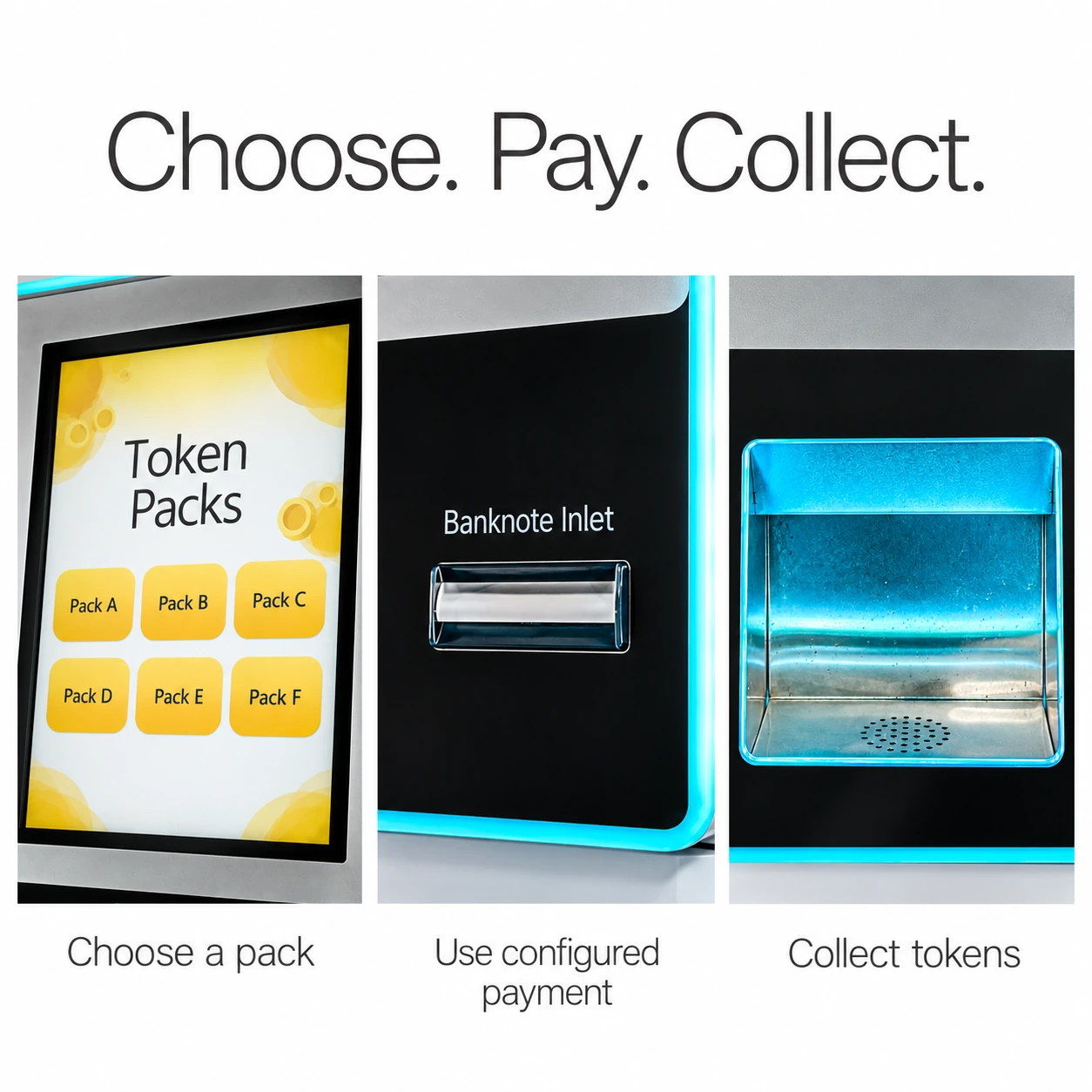 Three exterior detail views of the package screen, banknote inlet and empty collection bay, illustrating the purchase sequence.