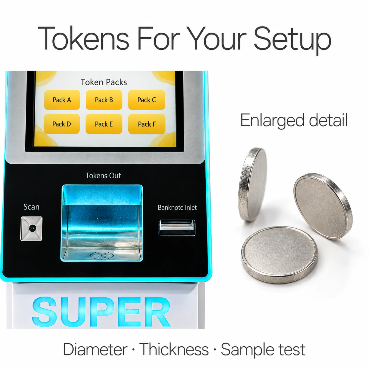 A collection bay detail beside a separate enlarged view of blank metal token samples, with diameter, thickness and sample test topics.