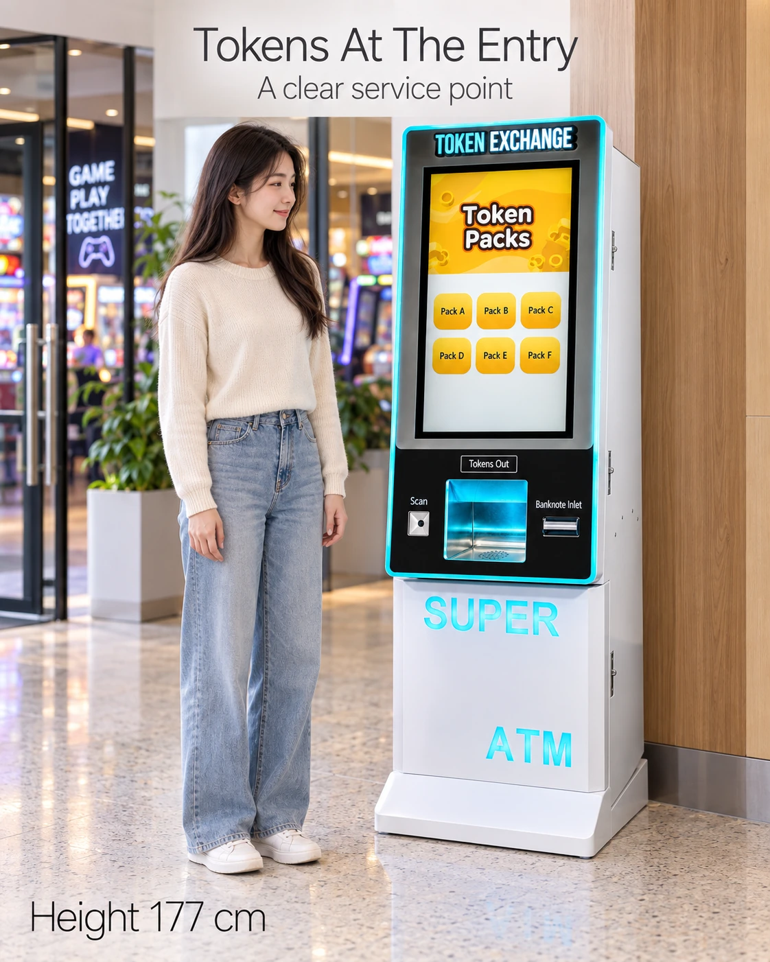 An adult visitor observes the 177cm token kiosk beside an arcade entry, with relaxed arms and the complete machine visible.