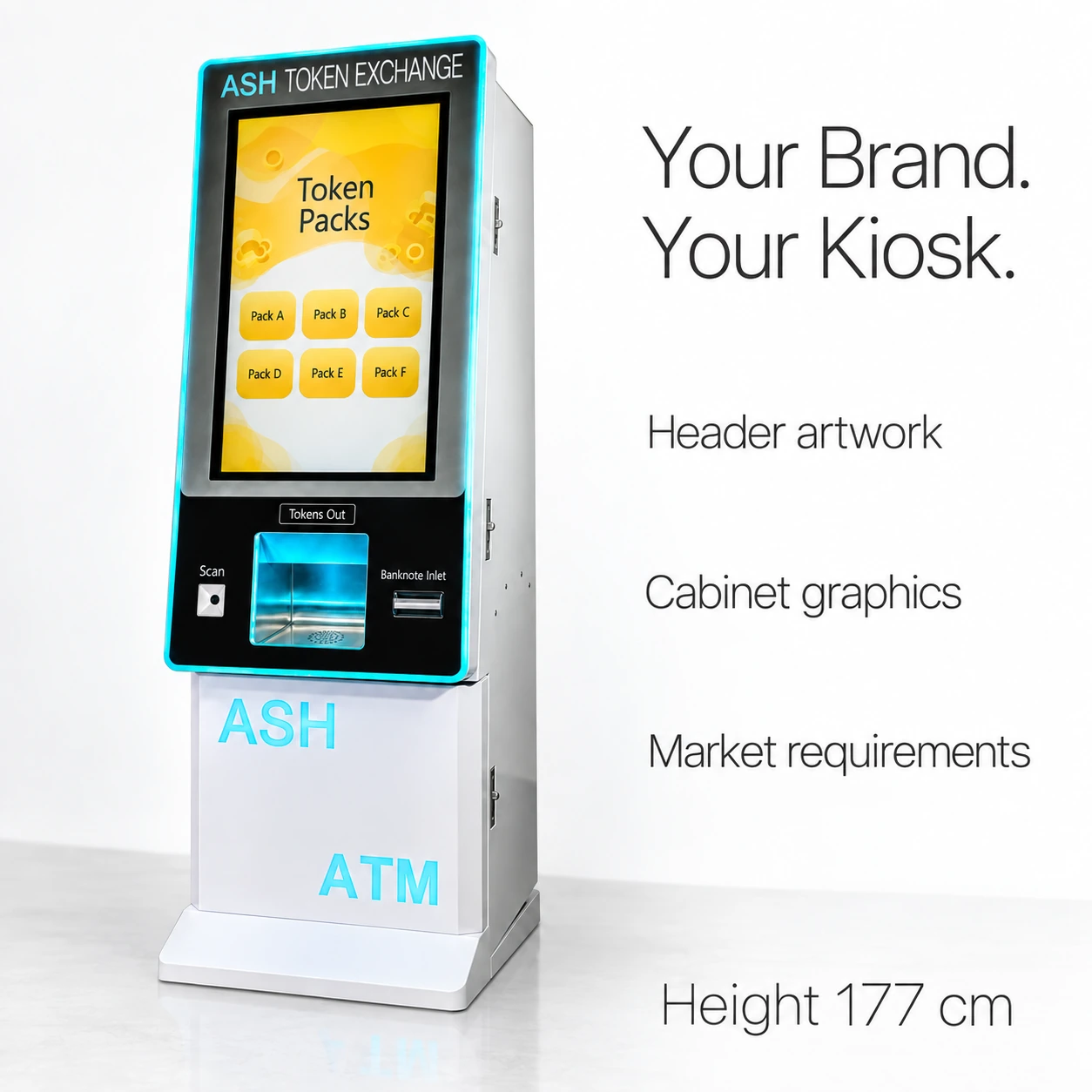 A complete token kiosk with ASH branding artwork on the existing header and front cabinet print areas.