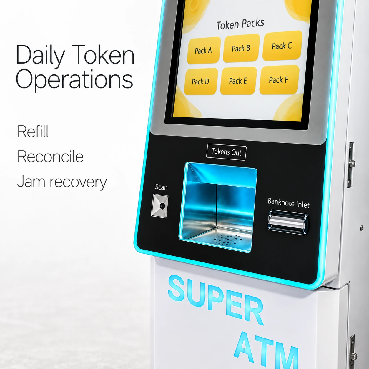 Close view of a closed exterior service lock and panel seam on the token kiosk, beside daily operating topics.