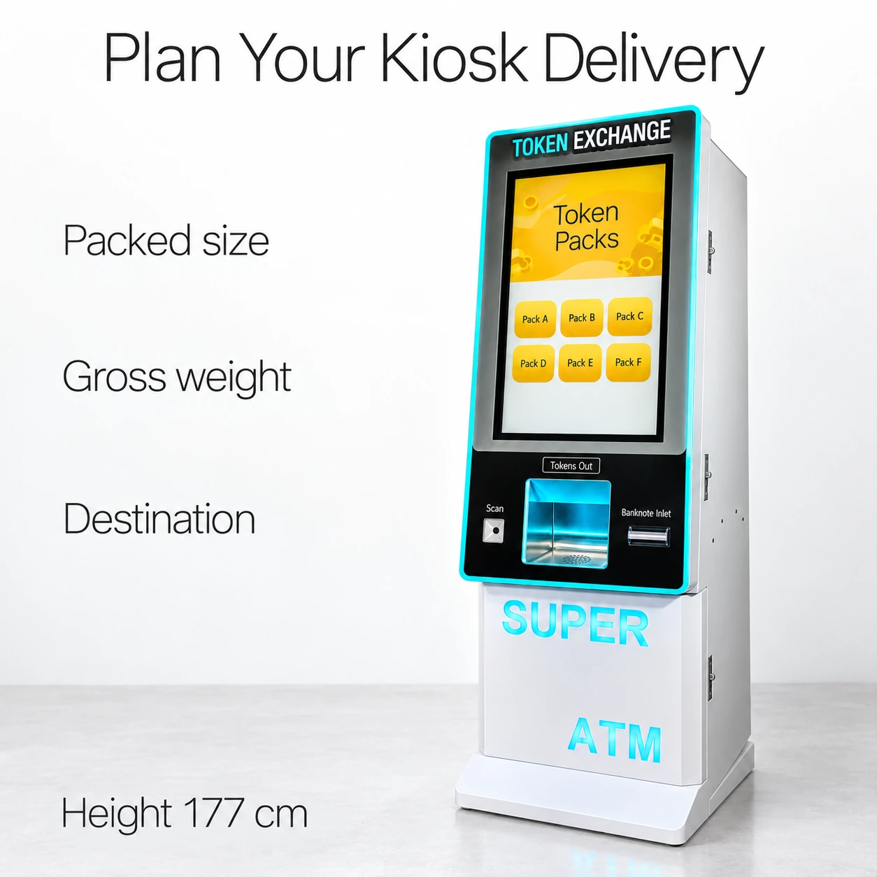 A complete token kiosk beside packed size, gross weight and destination topics for delivery planning.