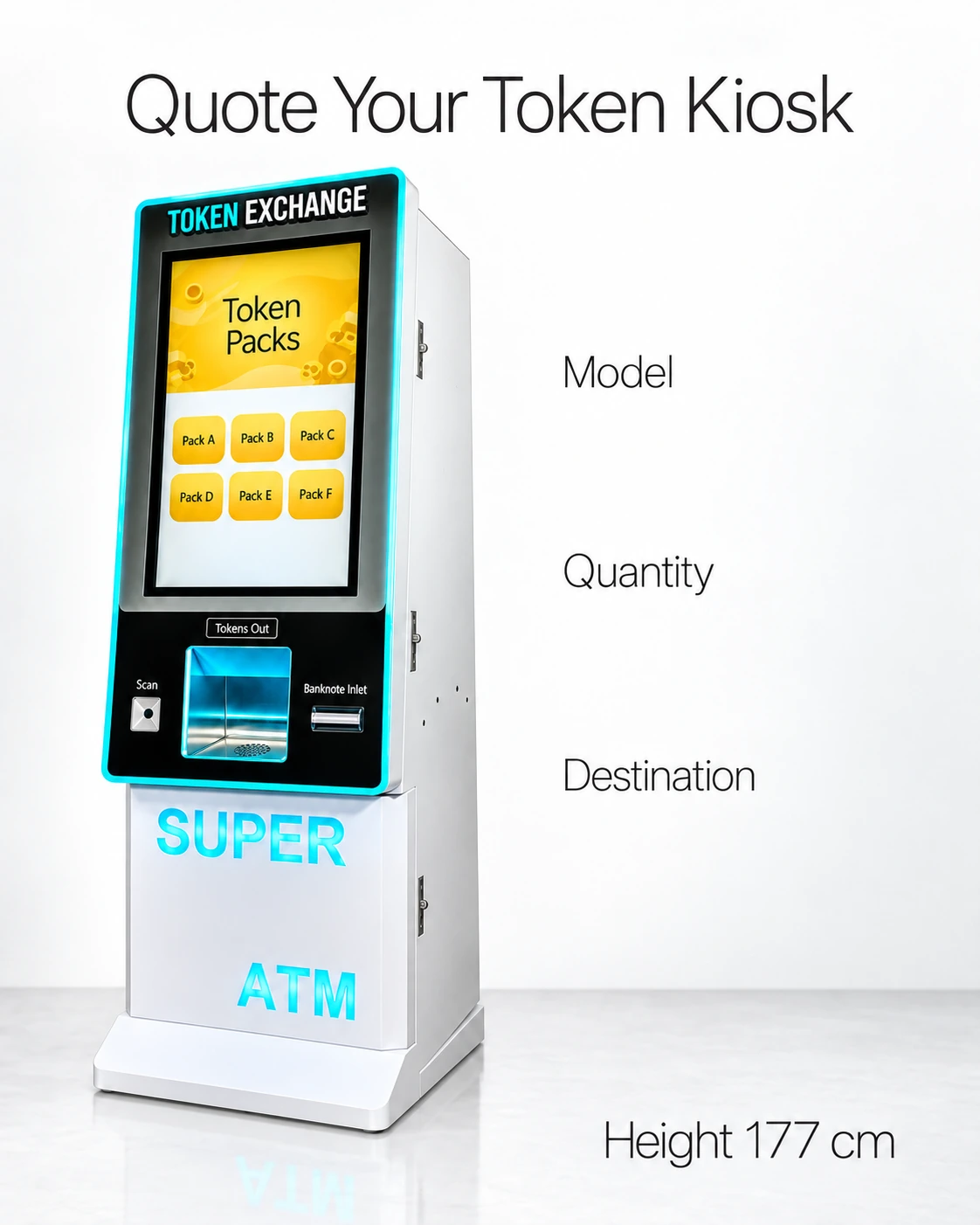 A complete token kiosk beside model, quantity and destination fields for a quotation brief.
